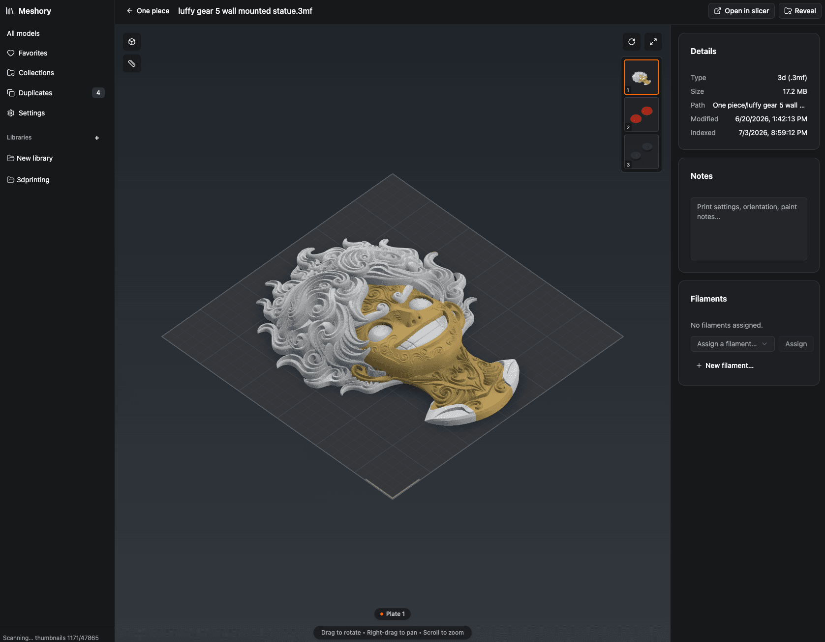 Meshory 3D viewer showing a multi-part 3MF statue with plates and details panel