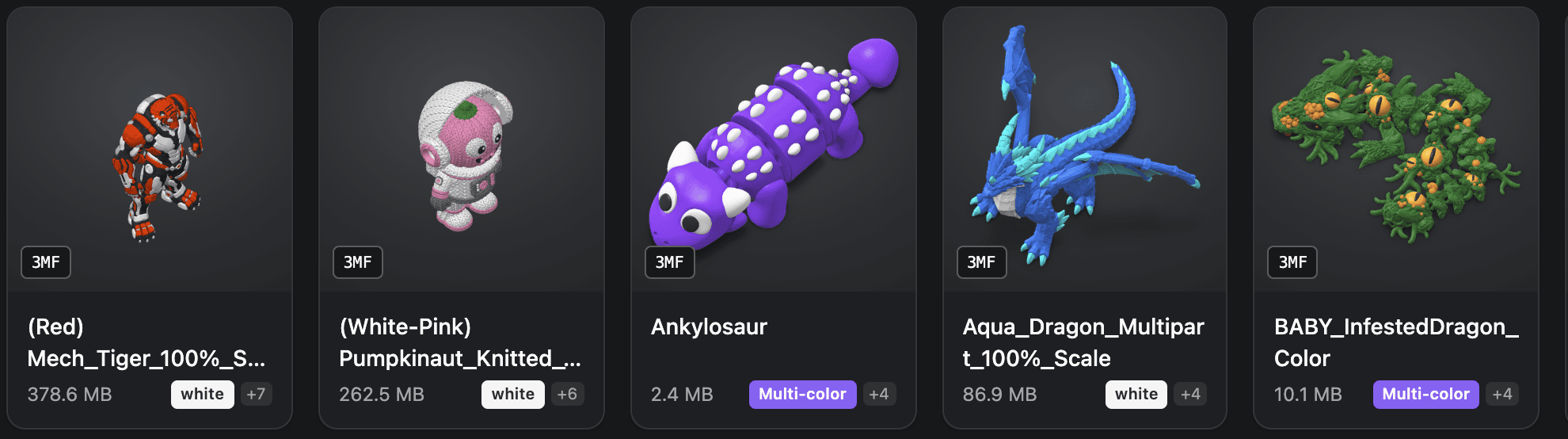 Five Meshory library cards with rendered thumbnails: a mech tiger, a knitted astronaut, an ankylosaur, a blue dragon and a baby dragon