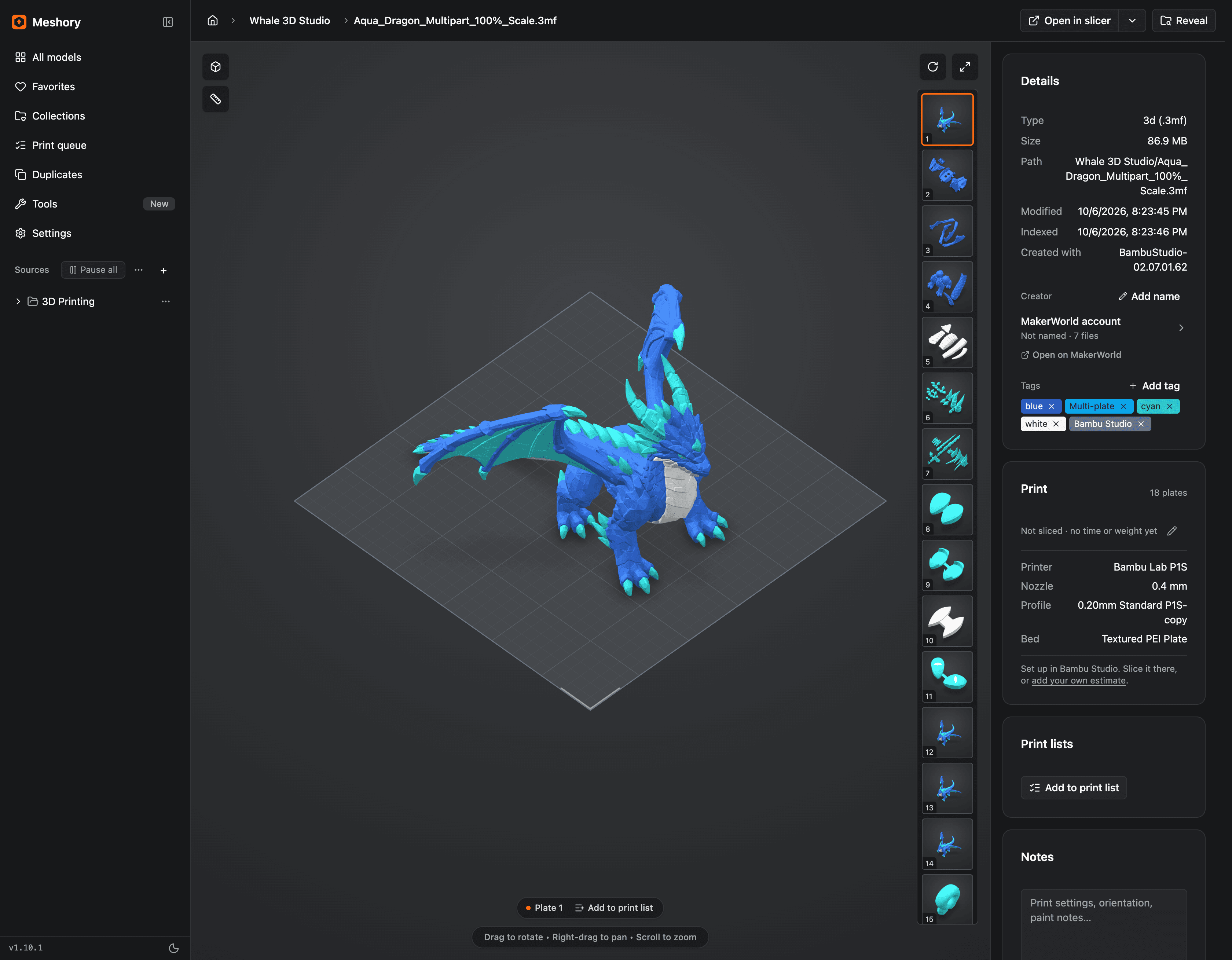 Meshory 3D viewer showing a multi-color dragon from an 18-plate Bambu project, with its plates and details panel
