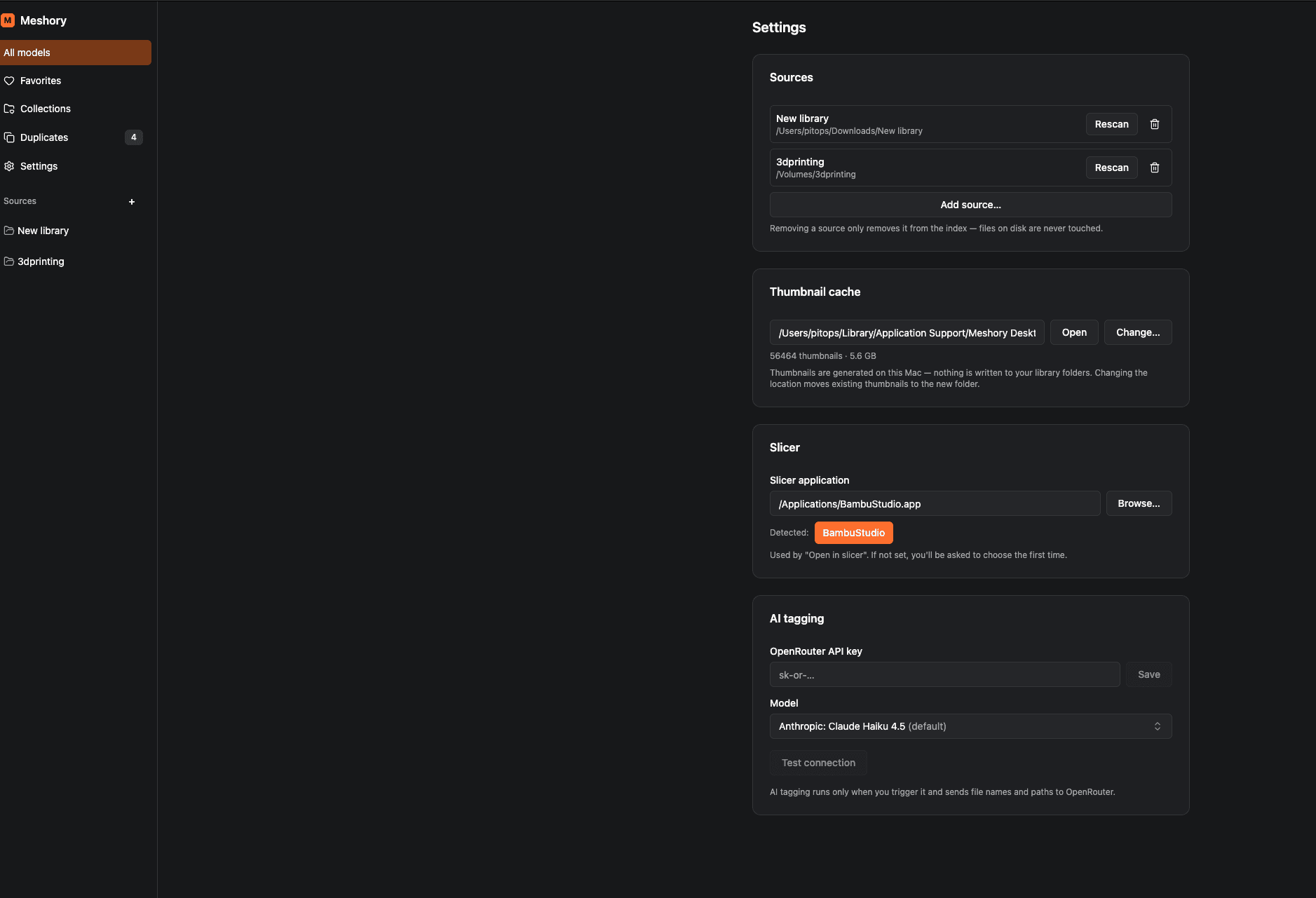 Meshory settings: sources, local thumbnail cache, slicer and opt-in AI tagging