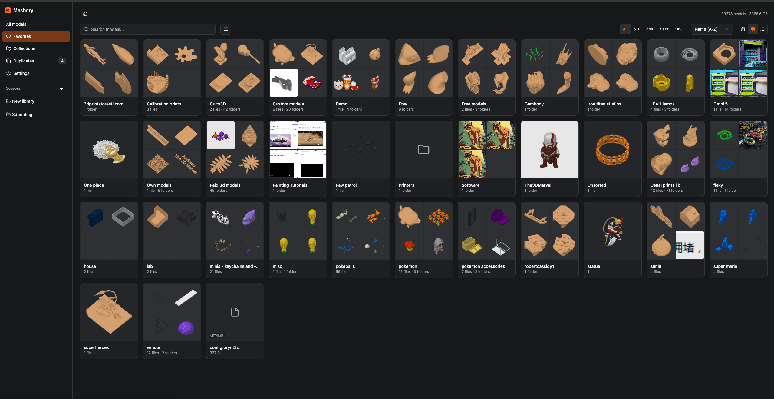 Meshory sources view showing 39,378 models across 3,368 GB of libraries