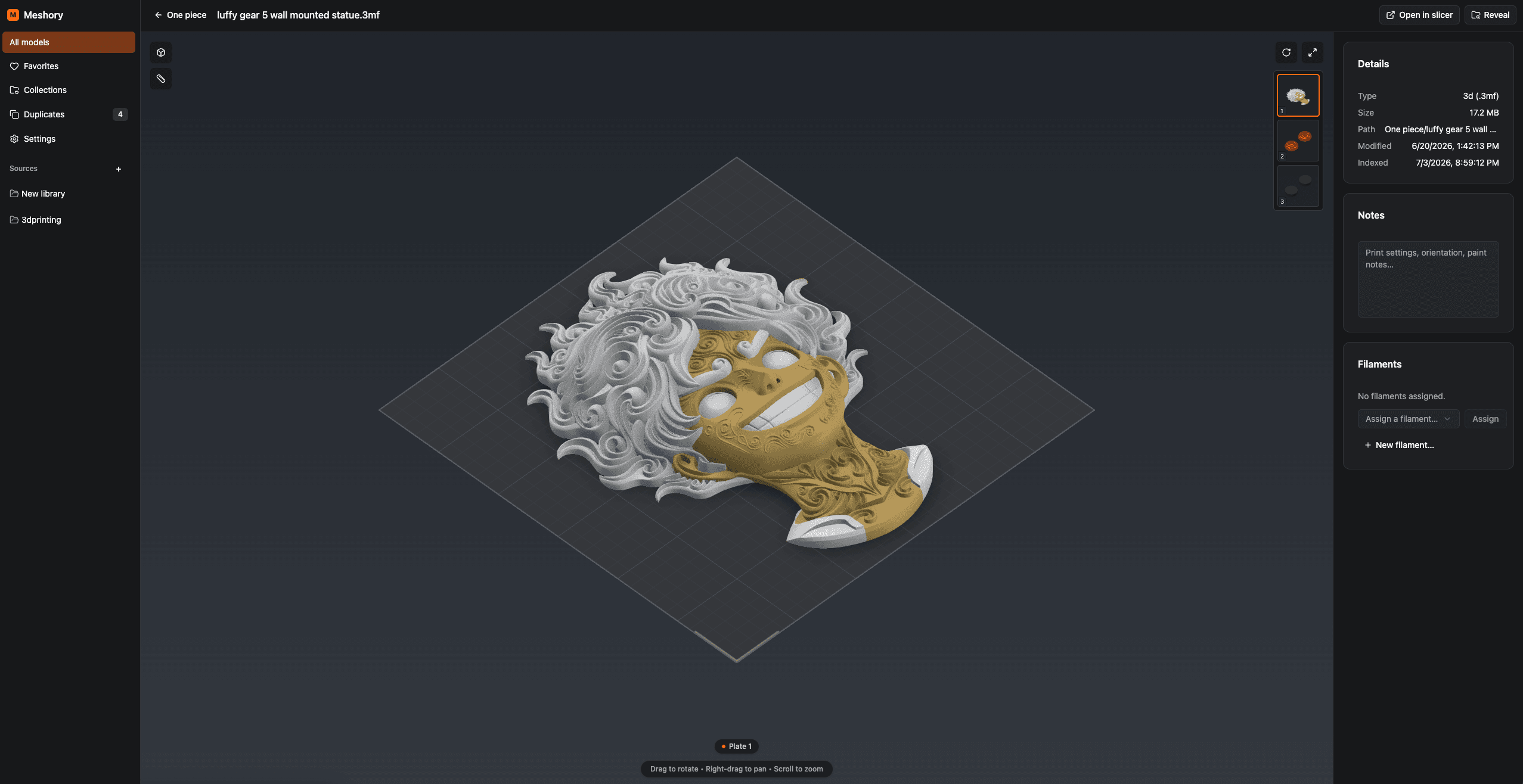 Meshory 3D viewer showing a multi-part 3MF project with plates and details panel