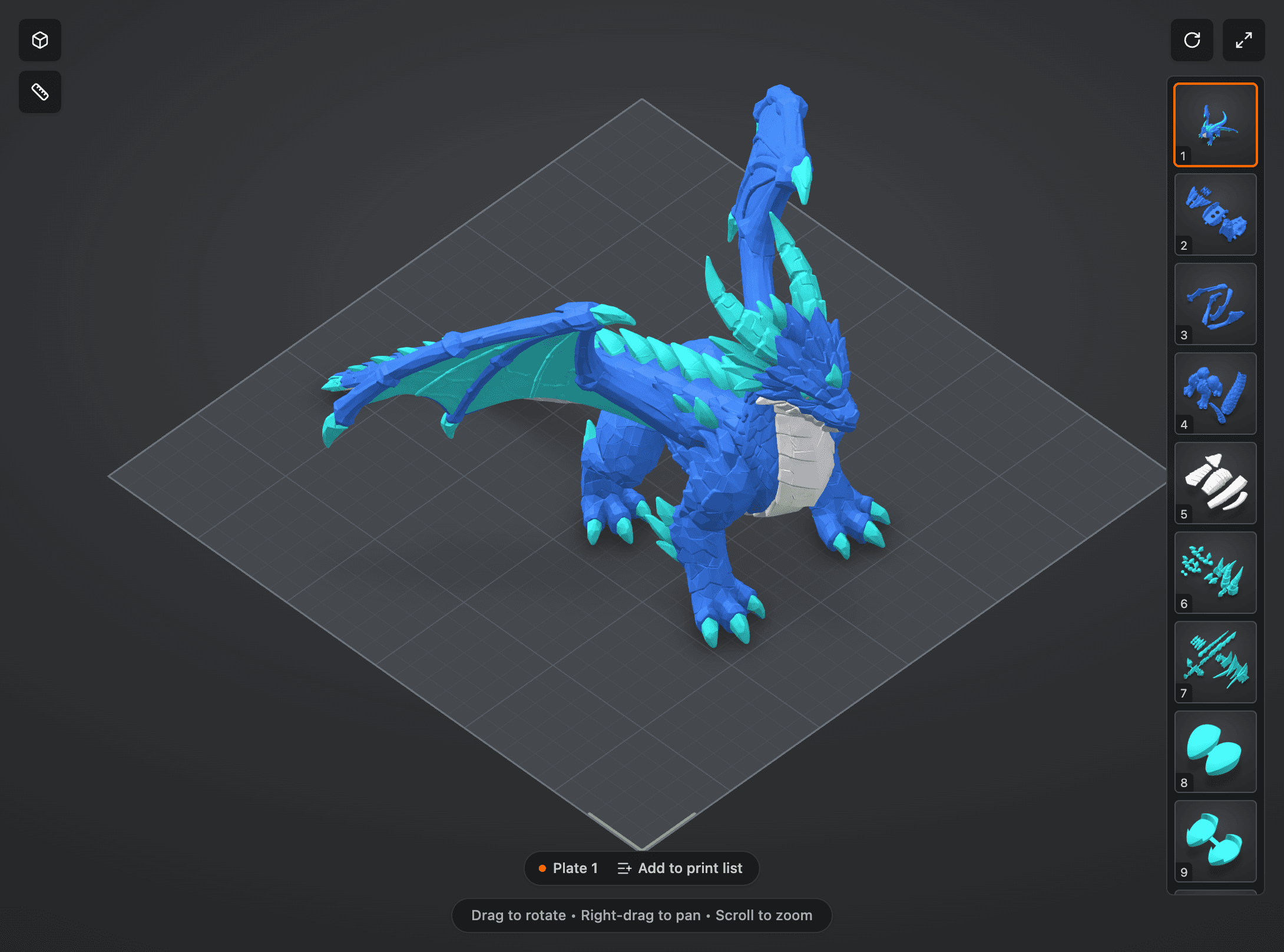 Visualizador 3D do Meshory mostrando um dragão multicolorido de um projeto Bambu com 18 placas, com as placas na lateral